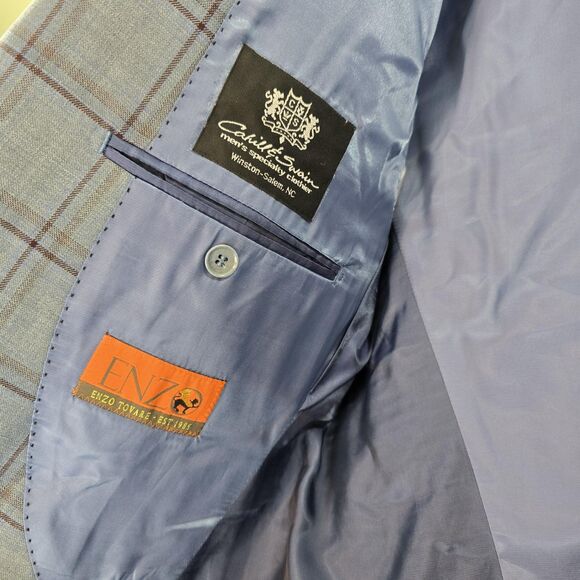 Enzo Tovare Blazer Sport Coat Mens 46R Blue Gray Plaid Wool Two Button Vented - Picture 8 of 16